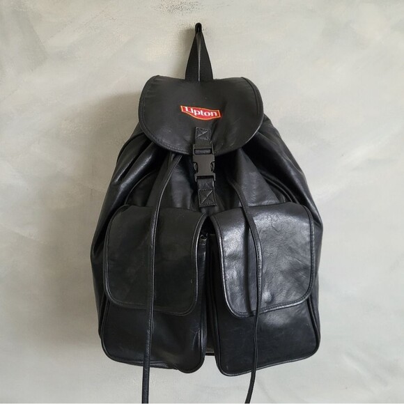 Vintage Other - Vintage Black Leather Large Backpack Lipton Patch 19x17